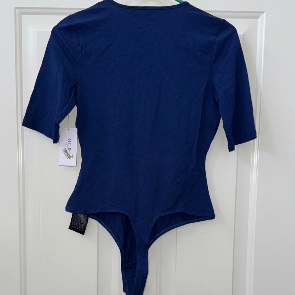 Guess Blue Tie Front Fitted Bodysuit with Cap Sleeves - Picture 5 of 6